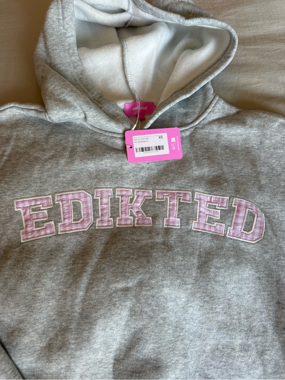 Edikted Grey Hoodie with Pink Plaid Logo Patch - Picture 2 of 4